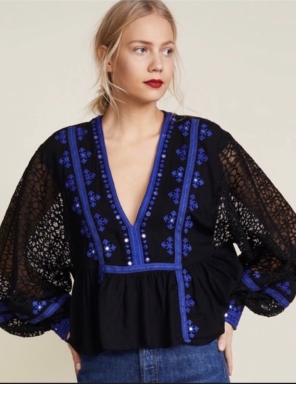 Free People Black with Royal Blue Embroidered V-Neck Peasant Blouse